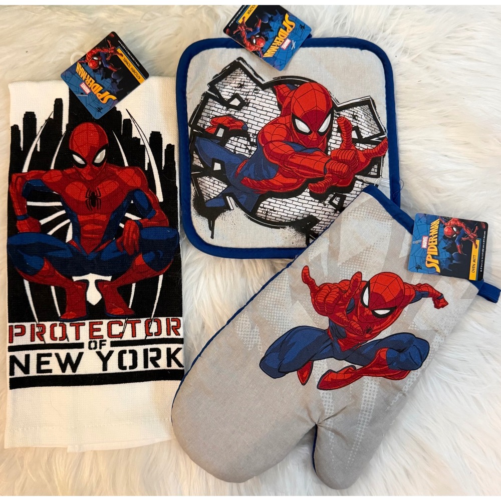 Marvel Spider-Man 3pc Kitchen Set Oven Mitt Pot Holder Towel Protector of NY